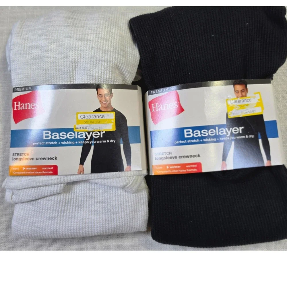 Hanes Premium Baselayer Mens XL 2 Pack Black White Waffle Knit Thermal Crewneck